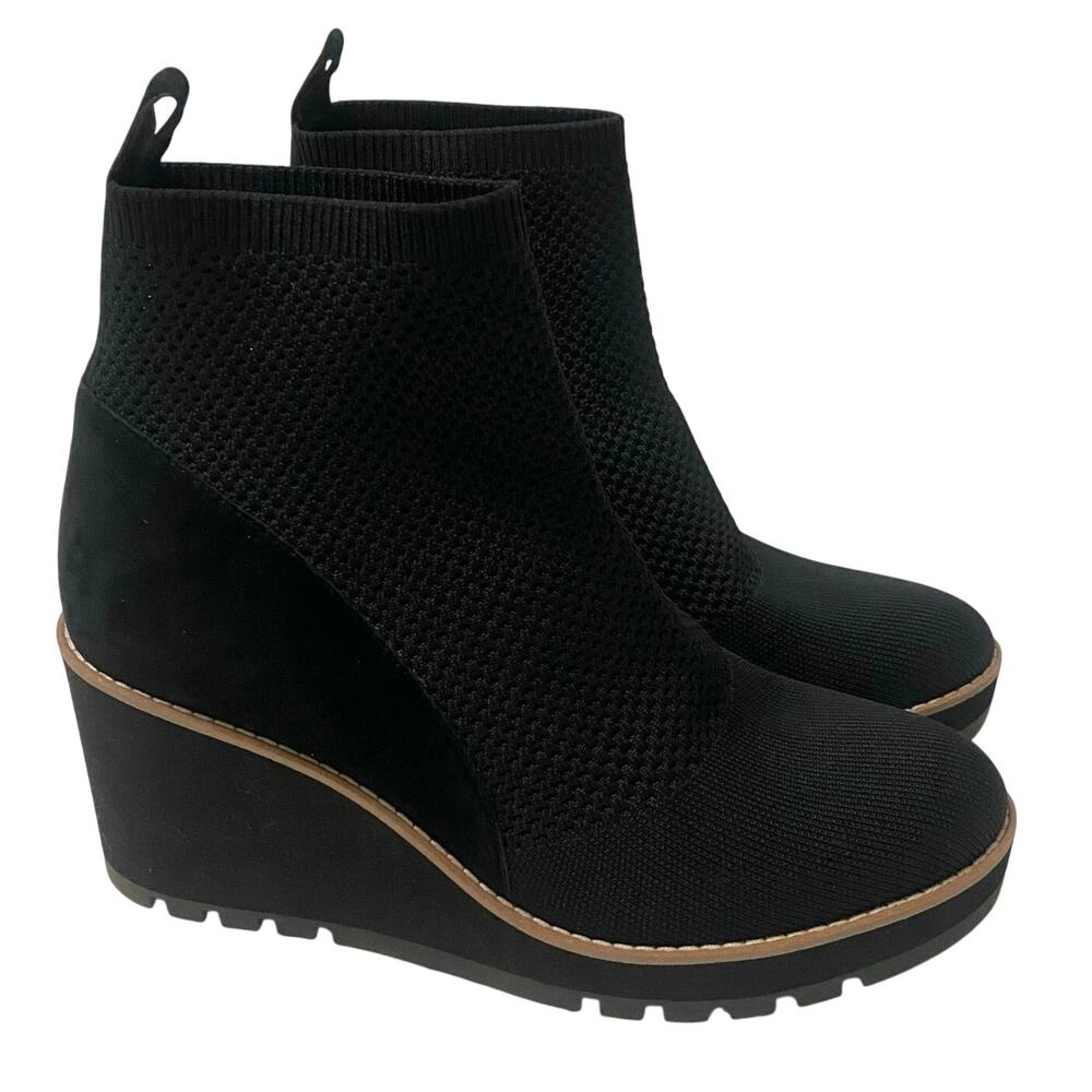 Eileen Fisher Quill Knit Black Wedge Booties  Sz 10 gothic mature leather Stompy